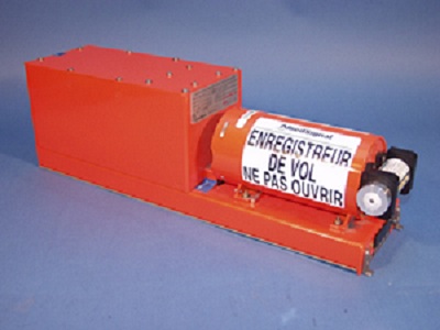  An example of a flight data recorder; the underwater locator beacon is the small cylinder on the far right. (English translation of warning message: FLIGHT RECORDER DO NOT OPEN). 